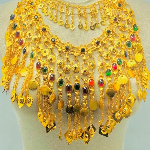 Golden Tone Choker Necklace With Long Dangling Tassels, Afghan Jewelry, Nomadic - Picture 3 of 13